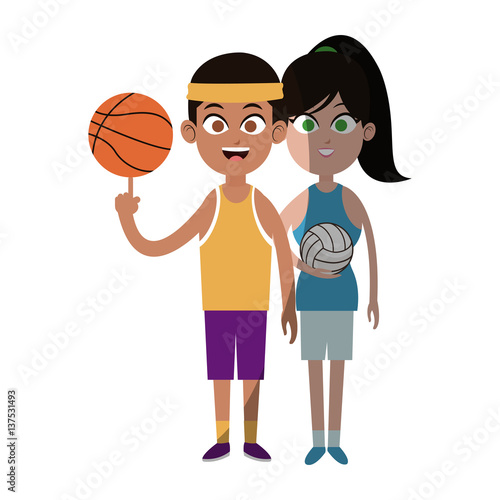 happy couple ready to practice basketball sport over white background. colorful desing. vector illustration