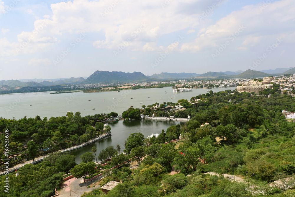 Aerial view of Udaipur, the beautiful Lake city of Rajasthan from the Monsoon Palace.