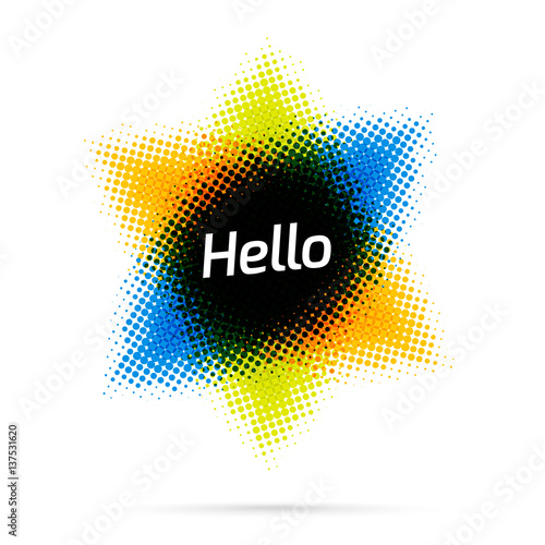 Abstract banner in the shape of a star of halftone dots on white background. Mixed colors. Multiply blend mode.
