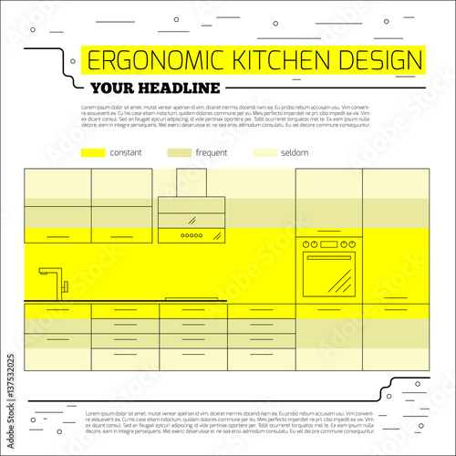 Infographics: ergonomics kitchen design. Vector illustration in line style on white background. Space for your text...