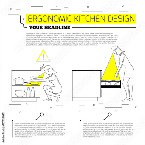 Infographics: ergonomics kitchen design. Vector illustration in line style on white background. Space for your text.