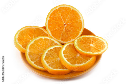 orange sliced on a plate isolated on white background