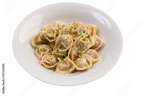Portion of pelmeni with greenery on white plate