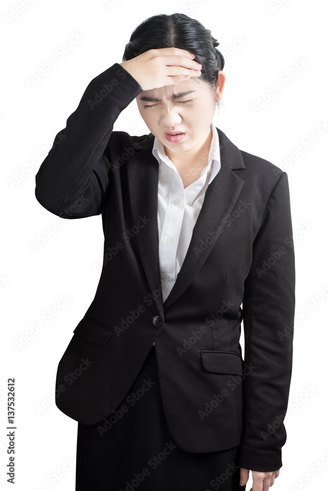 Headache symptom in a businesswoman isolated on white background. Clipping path on white background.