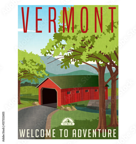 Vermont travel poster or sticker. Vector illustration of scenic covered bridge over stream. 