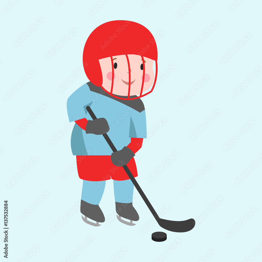 Hockey player boy with stick attitude bandage on face winter sport athlete uniform in helmet equipment and cute pretty tough confident smiling male vector.