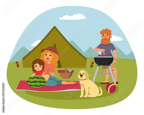 Picnic setting with fresh food hamper basket barbecue resting couple and summer meal party family people lunch garden character vector illustration.