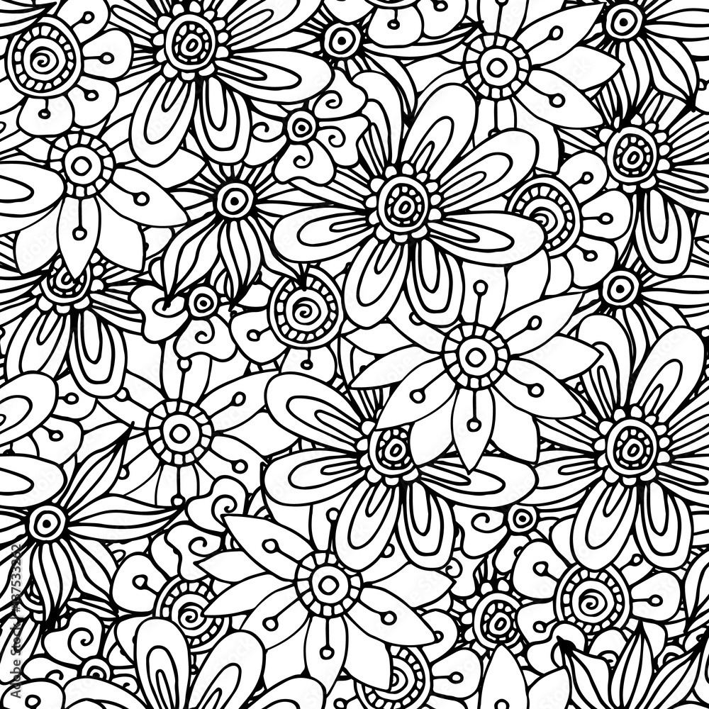 Fototapeta premium Vector floral seamless pattern. Doodle style. Coloring book page for adult.