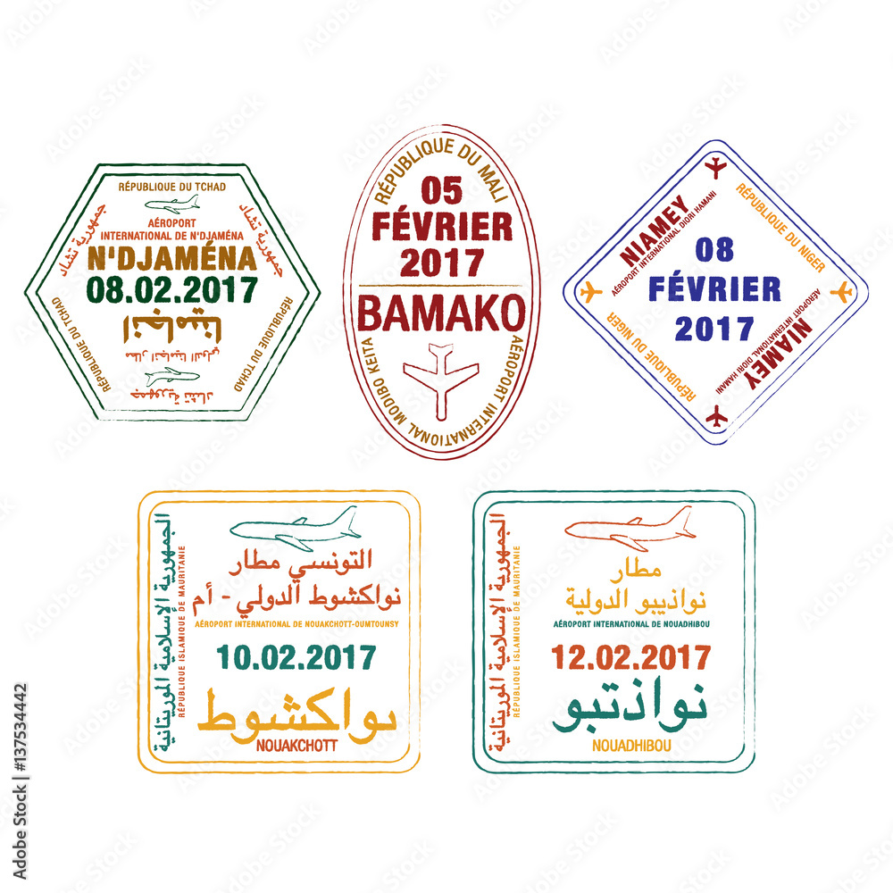 Stylized passport stamps of Mauritania, Chad, Mali and Niger in vector format.