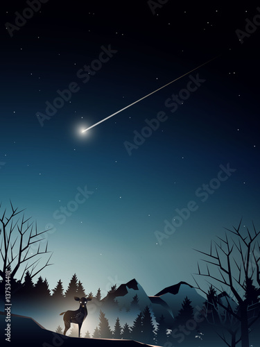 animal in pine forest watching shooting star