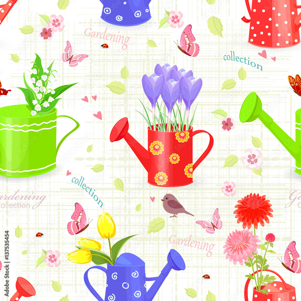 seamless texture with fresh bouquets of flowers in watering cans