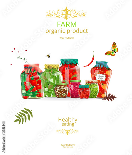 rustic collection of jars with organic pickled foods for your de