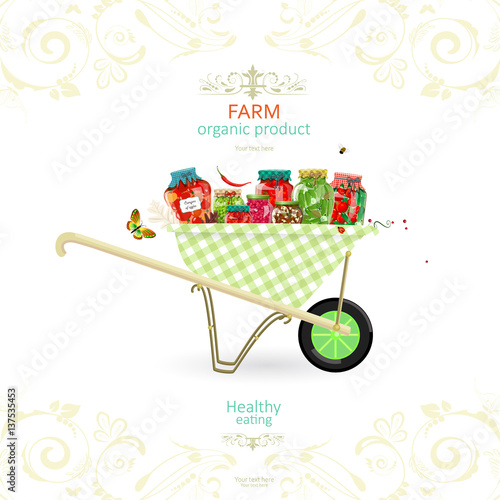 retro banner with tasty pickled foods on garden cart for your de
