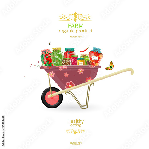 banner with delicious pickled foods on cute garden cart for your