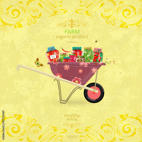 shabby chic banner with yummy pickled foods on retro wheelbarrow