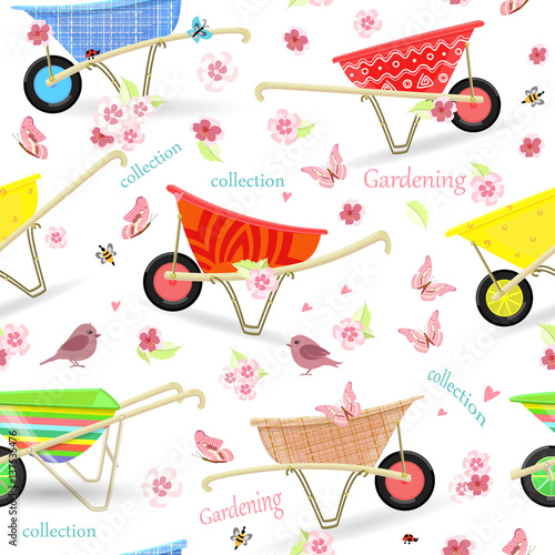 seamless texture with vintage garden wheelbarrows and lovely bir