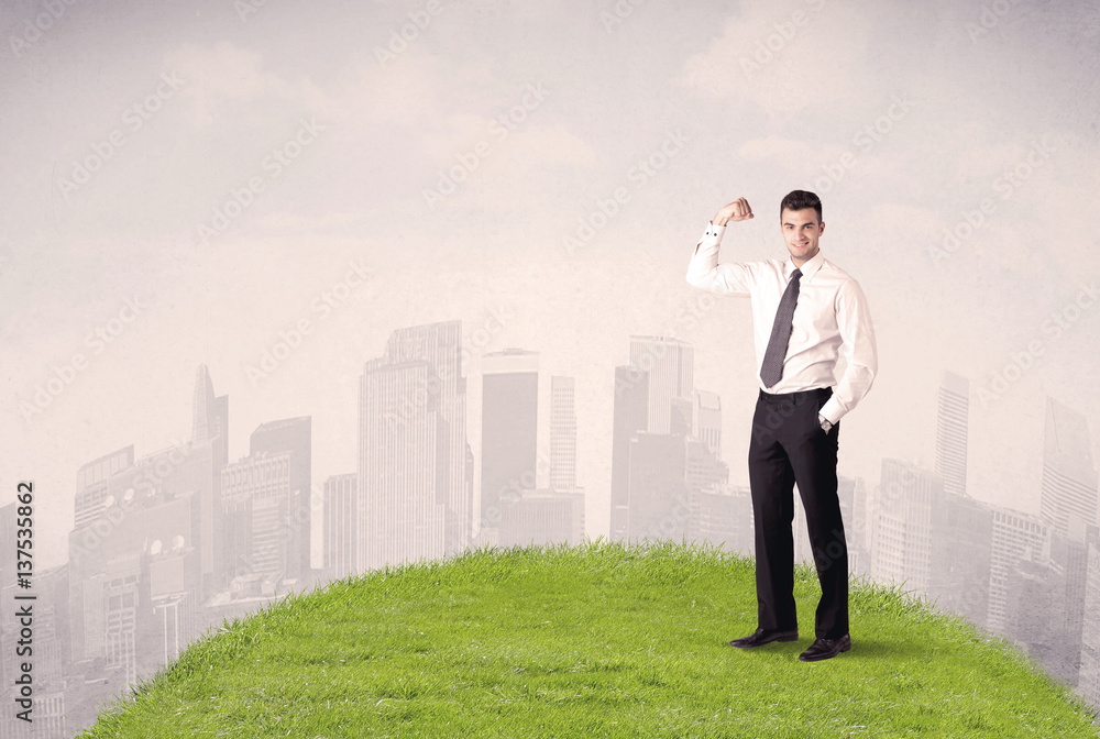 man standing in front of city landscape