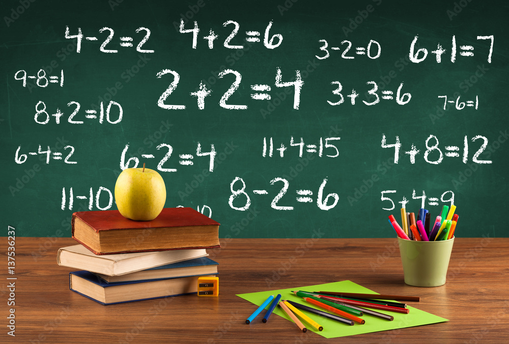 School blackboard with pile of books School blackboard with pile of books