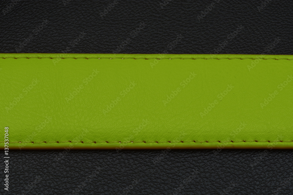 Green stripe on black background. Belt from skin or leather. Belt in green color
