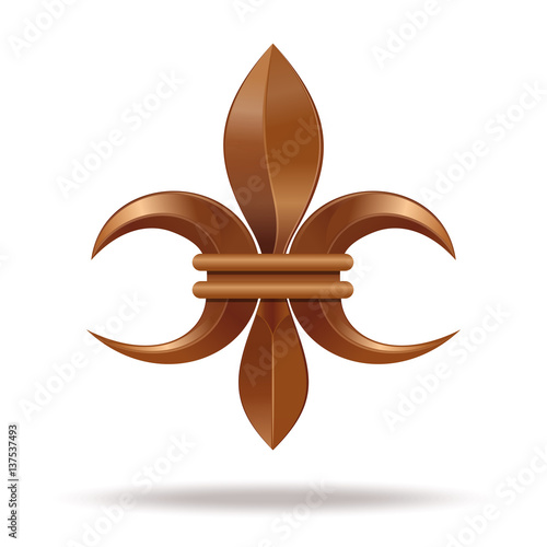 Golden Fleur-de-lis or flower-de-luce. Stylized lily. Decorative design or symbol. Heraldic. Also royal (Bourbon) lily. Vector illustration isolated on white background