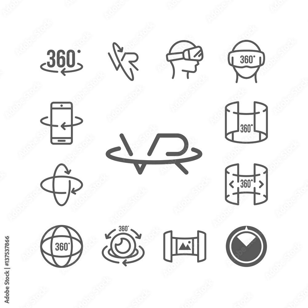Set of Virtual Reality Related 360 Degree Image and Video Icons.Contains such Icons as 360 Degree View, Panorama, Virtual Reality Helmet and Rotation Arrows Set of Virtual Reality Related 360 Degree Image and Video Icons.Contains such Icons as 360 Degree View, Panorama, Virtual Reality Helmet and Rotation Arrows