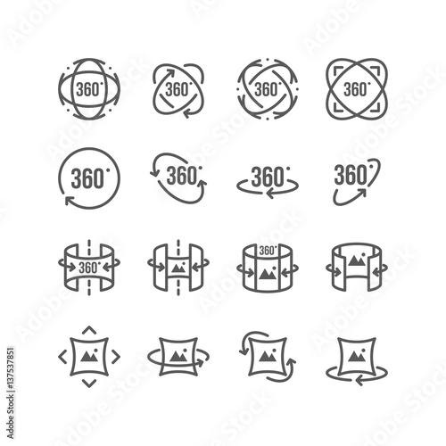 Set of  Virtual Reality Related 360 Degree Image and Video Icons.Contains such Icons as 360 Degree View, Panorama, Virtual Reality Helmet and  Rotation Arrows