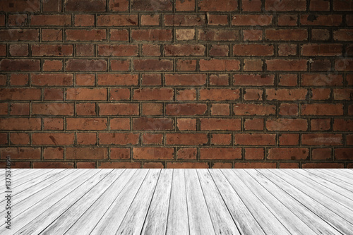 Red Brick wall texture surface vintage style with Wood terrace