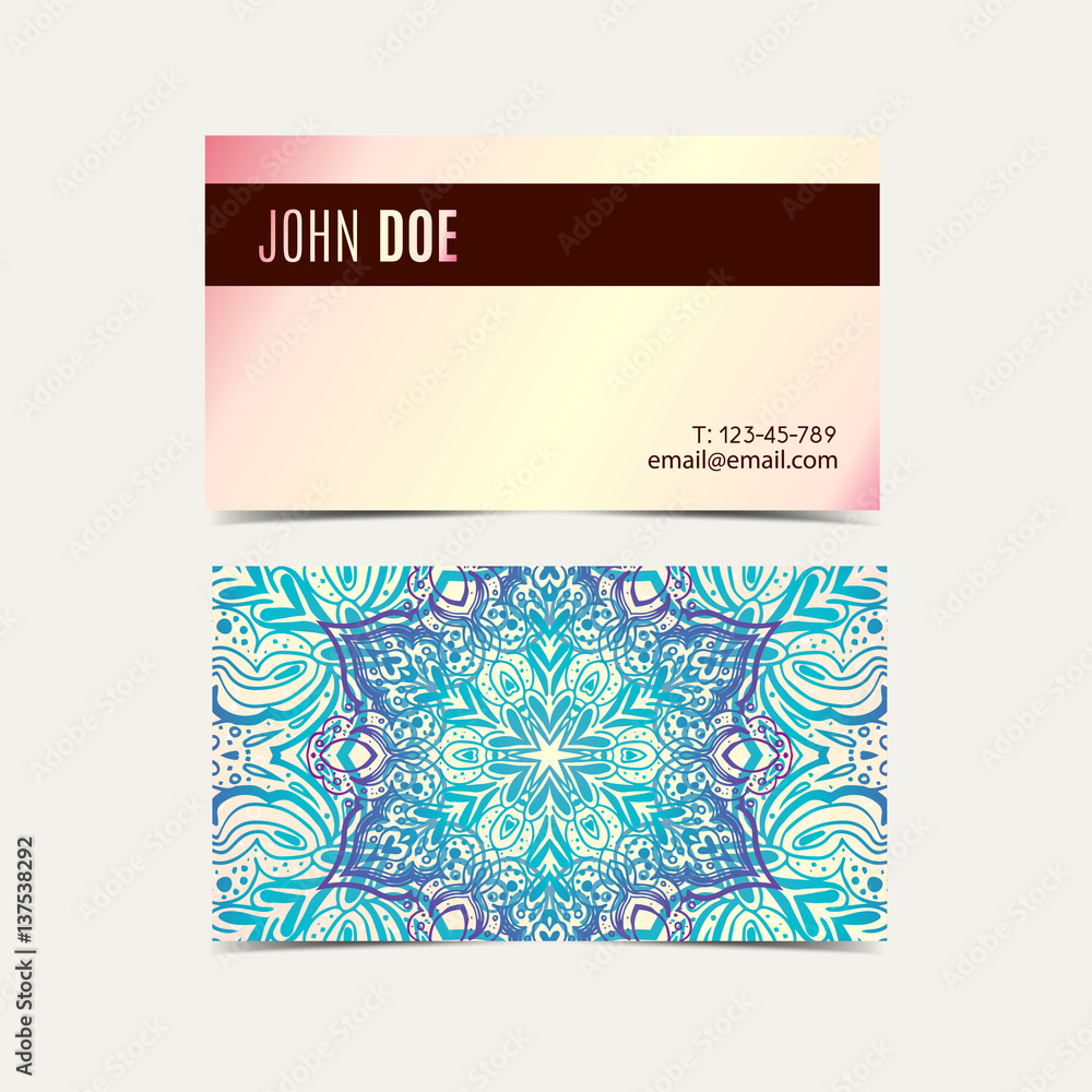 Naklejka premium Vector vintage business cards. in ethnic Indian style. Flower Mandala tender. Oriental Layout template. Islam, Arabic, Indian, ottoman motifs. Front and back page.