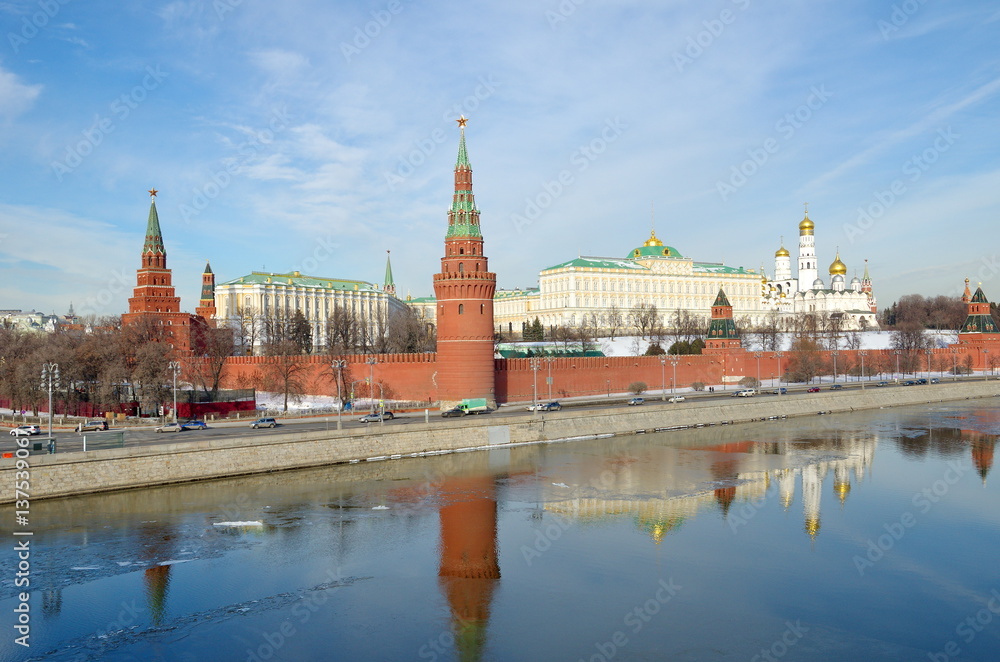 Beautiful views of Moscow Kremlin and Kremlevskaya embankment a Sunny winter day, Moscow, Russia
