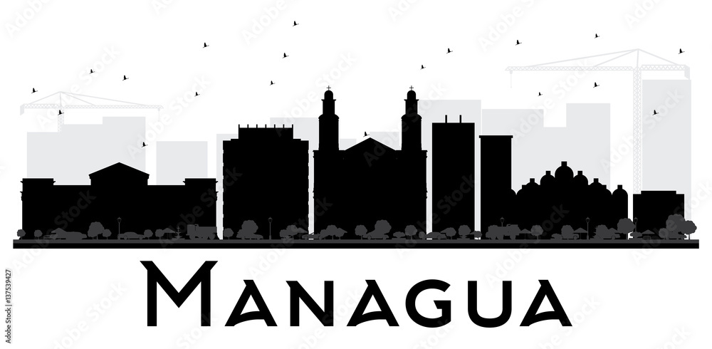 Managua City skyline black and white silhouette.