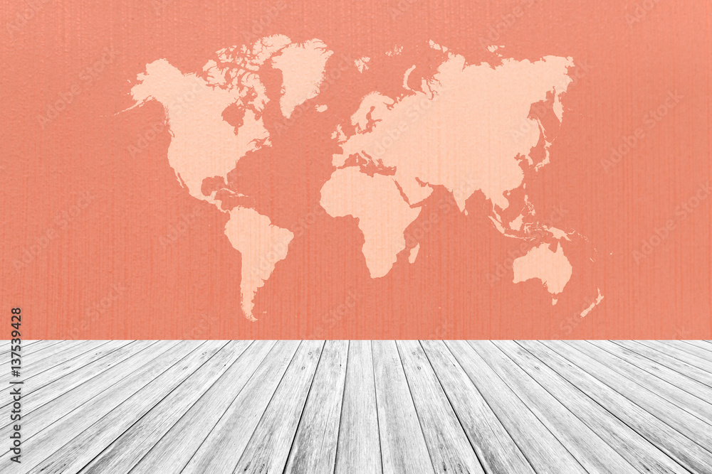 Wall texture background, with white wood terrace and world map