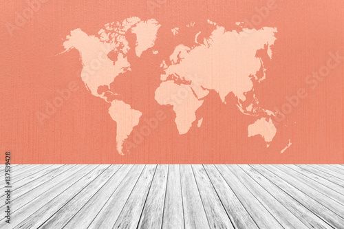 Wall texture background, with white wood terrace and world map © pongmoji