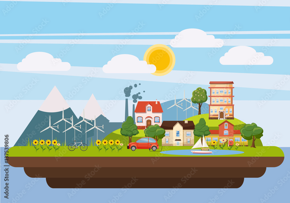 Ecology landscape iland concept, cartoon style