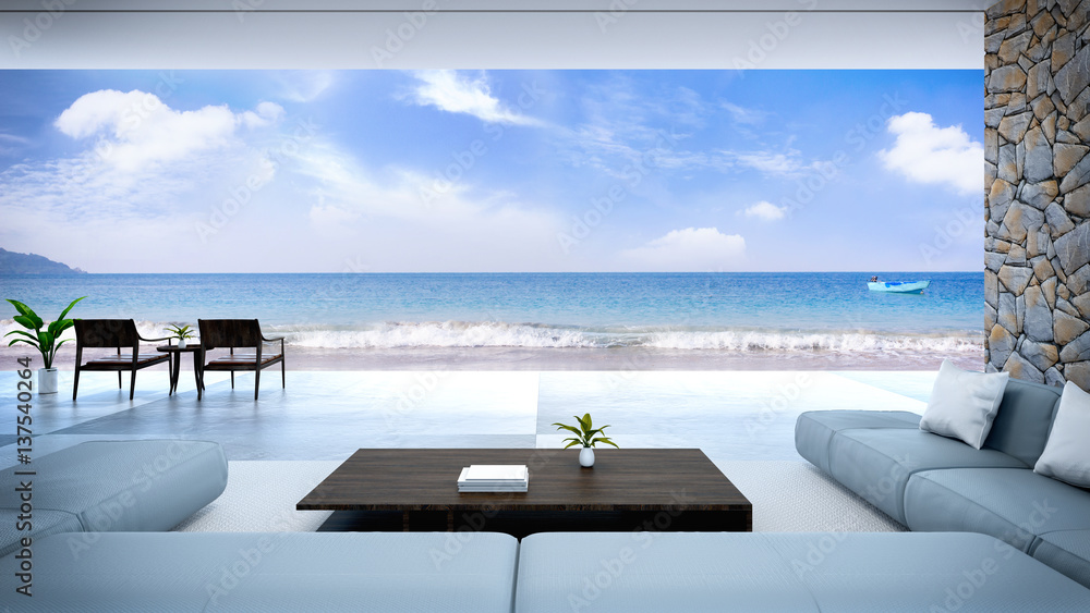Fototapeta premium nowoczesne wnętrze pokoju w pobliżu plaży z widokiem na morze i niebo / 3d render