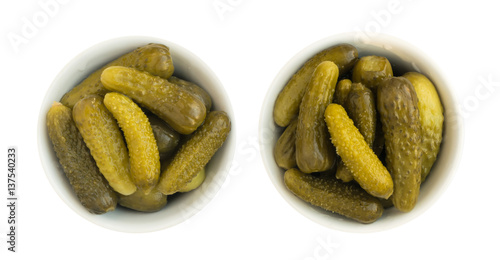 Homemade Pickled Gherkins or Cucumbers in Glass Round Bowl