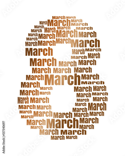 Gold symbol made with words. March 8. Women's Day concept. Design element for celebration of International Women's Day. Vector illustration