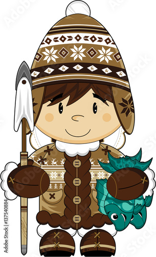 Cute Cartoon Inuit Fisherman with Fish