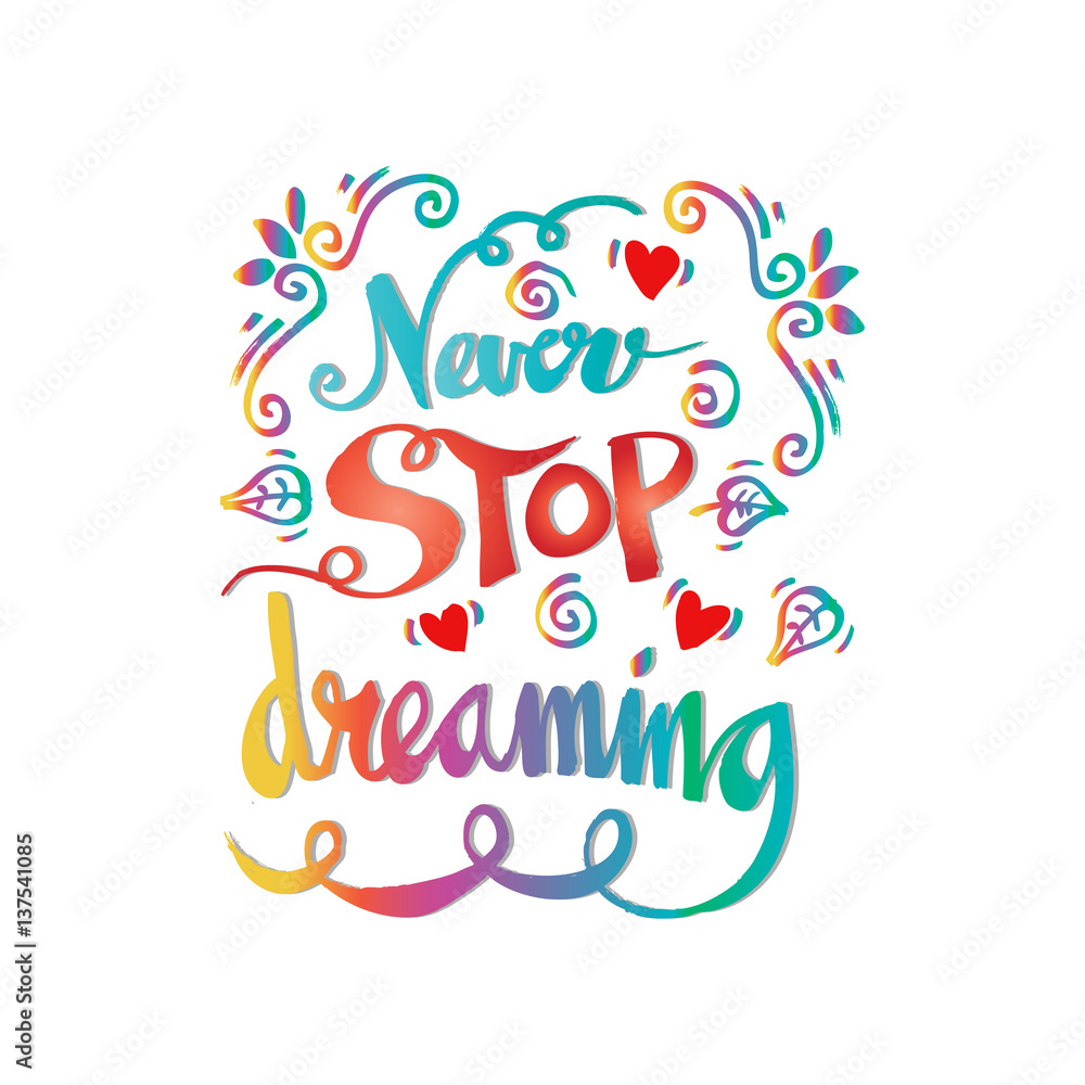 Never stop dreaming Inspirational text motivational poster.
