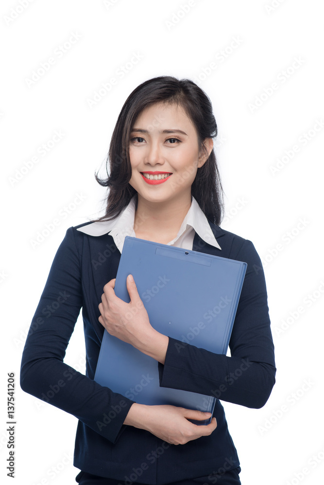 Portrait of an attractive young businesswoman with blue folder, isolated on white background Portrait of an attractive young businesswoman with blue folder, isolated on white background