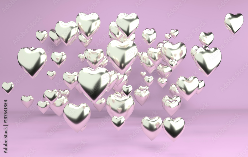 The pattern of silver hearts on a pink background The pattern of silver hearts on a pink background