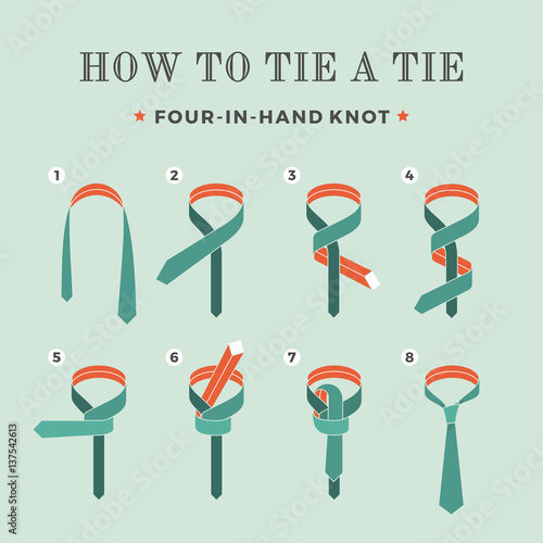 Instructions on how to tie a tie on the turquoise background of the eight steps. Four in Hand knot . Vector Illustration.