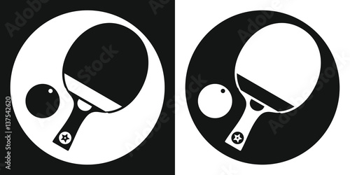Ping pong racket icon. Silhouette ping pong racket and ball on a black and white background. Sports Equipment. Vector Illustration.