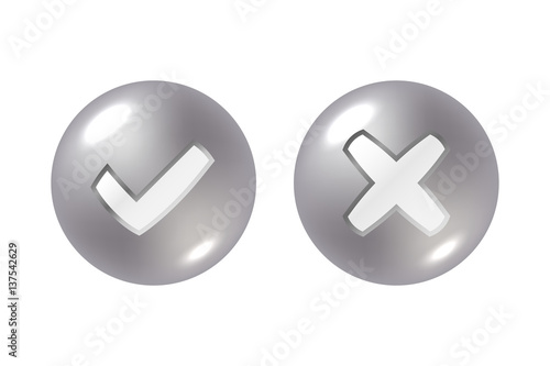 Tick and cross silver metallic sign element. Gray steel checkmark OK, X icon on white background. Check marks graphic design. YES and NO button for vote, decision, choice, web Vector illustration