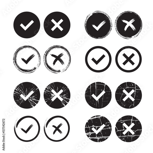 Tick and cross black set signs. Gray checkmark OK and X icons, isolated on white background. Grunge marks graphic design Circle symbols YES and NO button for vote, decision, web Vector illustration