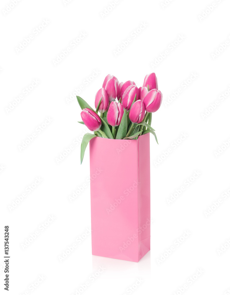 Tulips in the bag isolated on white Tulips in the bag isolated on white