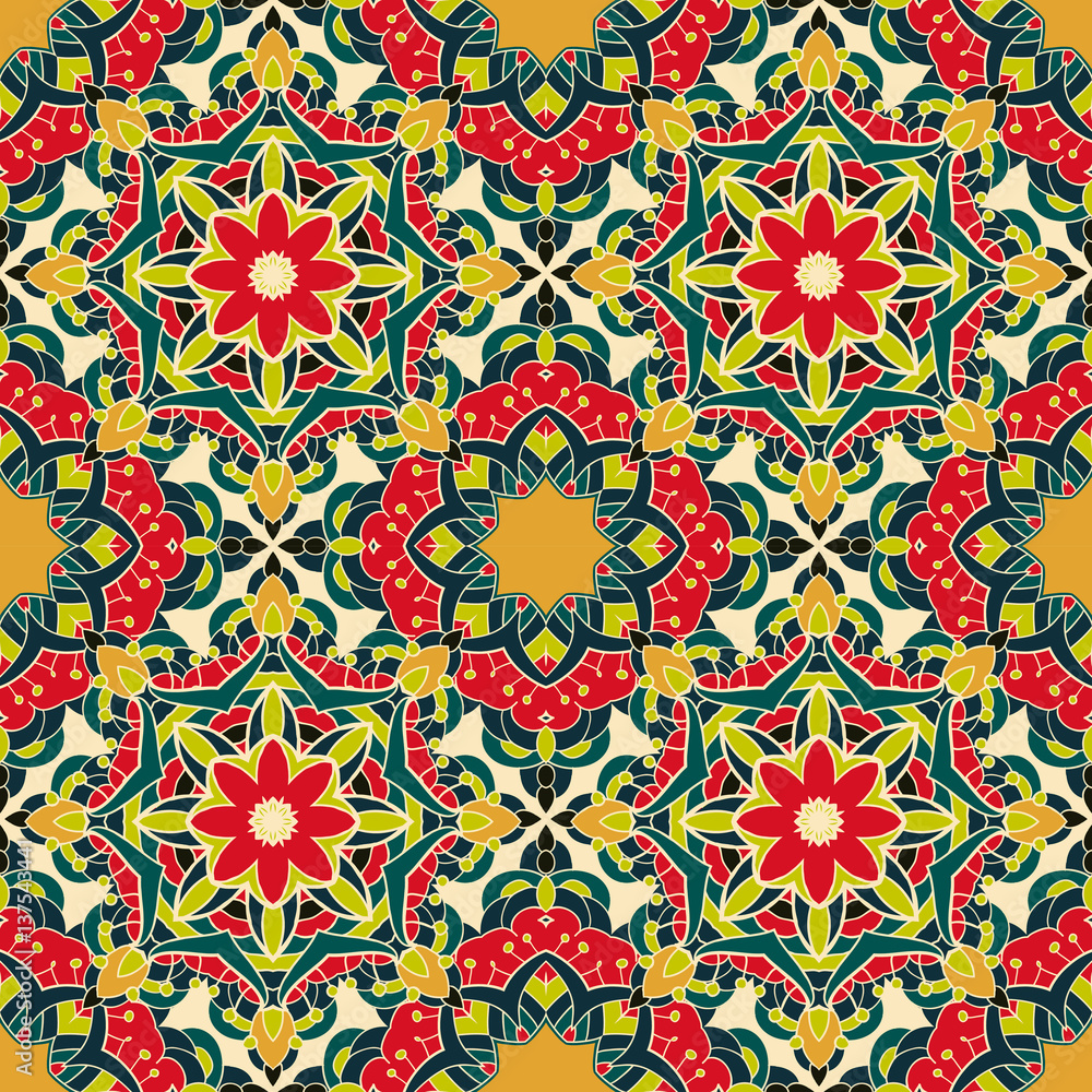 Colorful floral seamless pattern for fabric, wrap  and wallpaper. Decorative pattern with mandalas. Arabic, Islam, Indian,Turkish motifs. Vector illustration