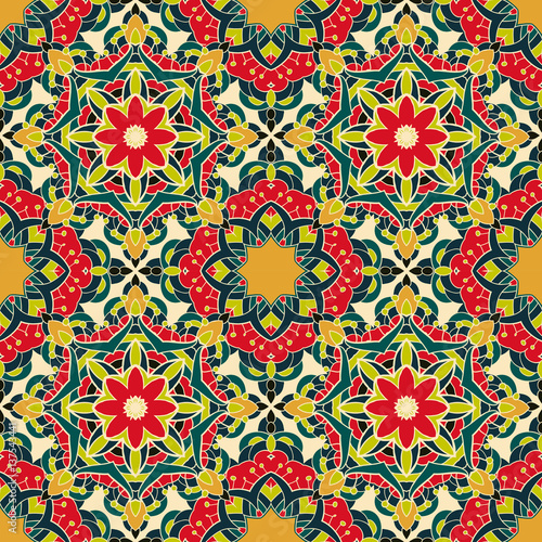 Colorful floral seamless pattern for fabric, wrap and wallpaper. Decorative pattern with mandalas. Arabic, Islam, Indian,Turkish motifs. Vector illustration