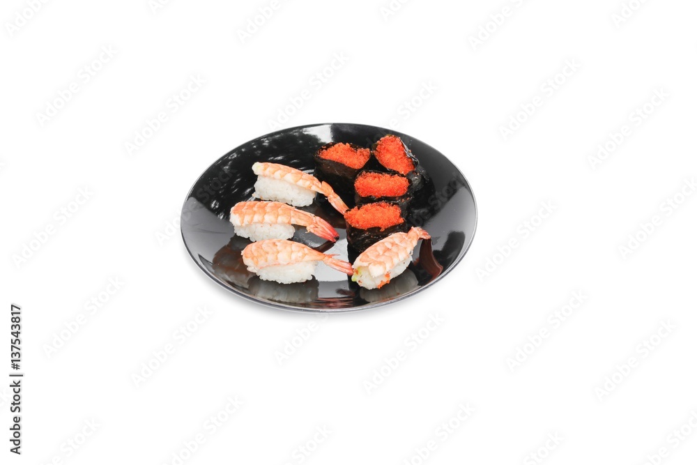 sushi set, shrimp and rolls seaweed caviar in plate on white background sushi set, shrimp and rolls seaweed caviar in plate on white background