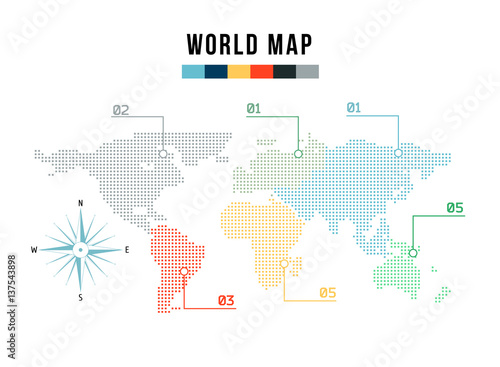 modern world map for infographics in the style of halfton. Wind rose vector.