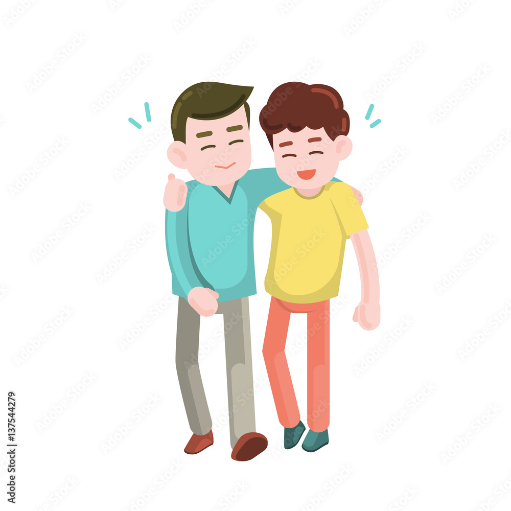 Happy two friends standing and laughing together. Young man enjoying, Vector illustration.